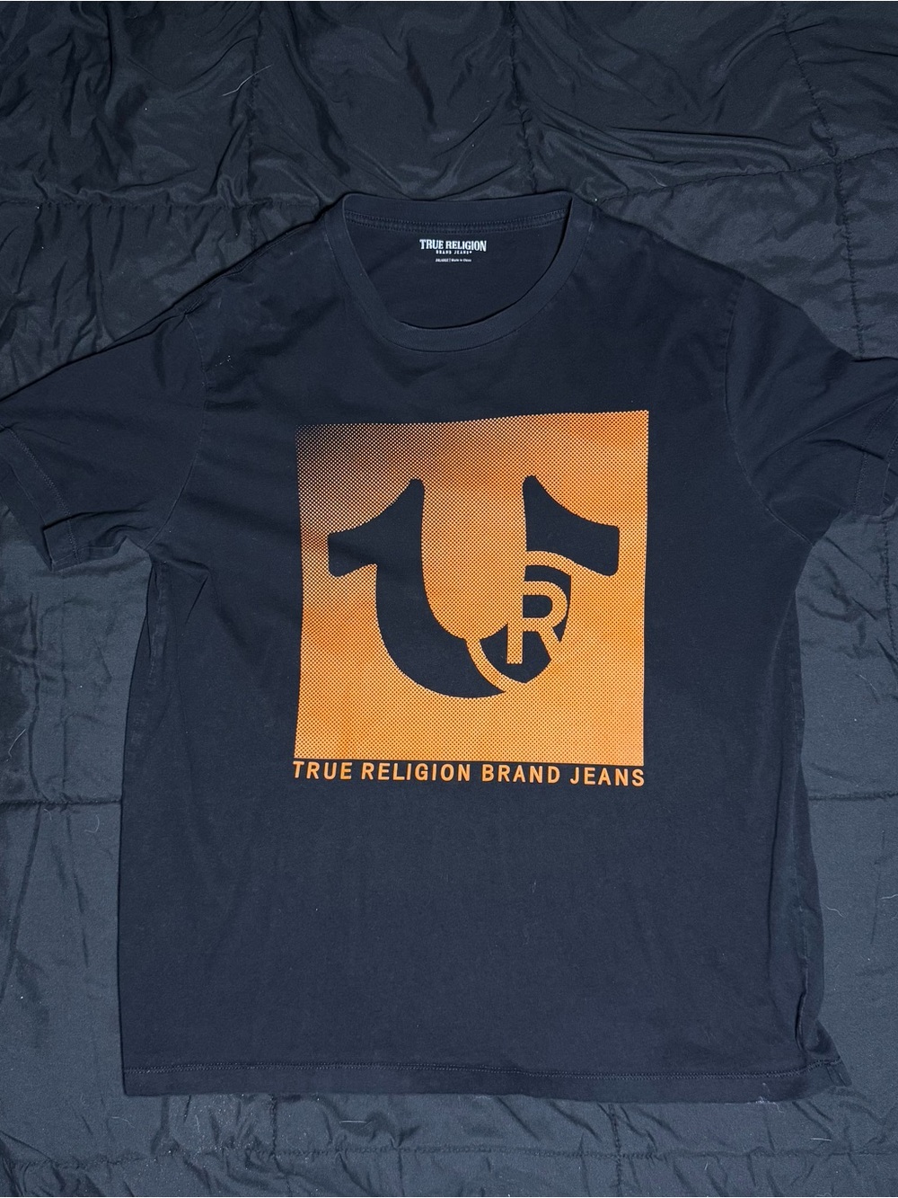 True Religion Navy Short-Sleeve Tee with Orange Square Logo🔥